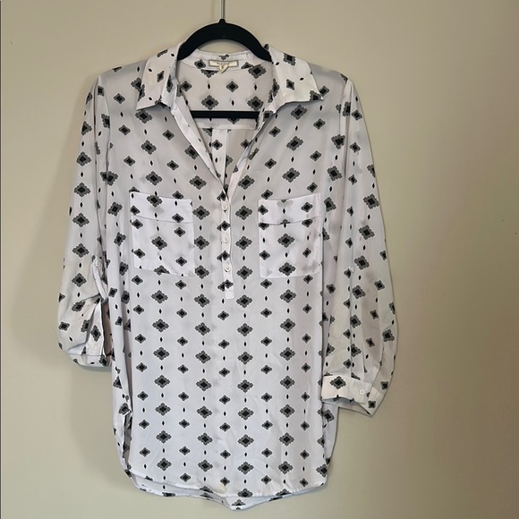 Pleione Tops - Pleione Women's White and Black Patterned Blouse